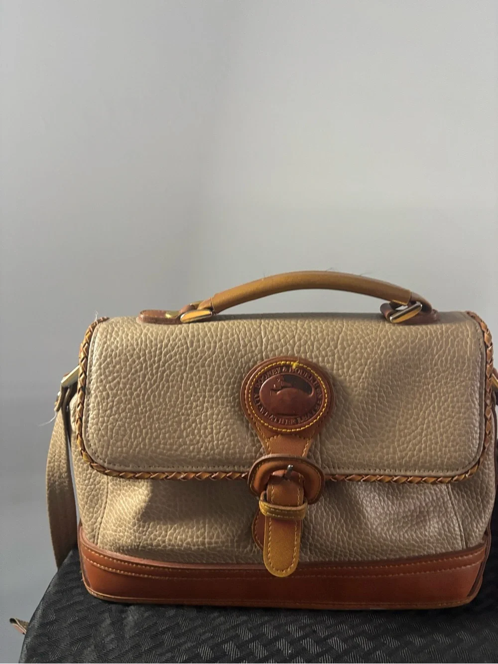 Vintage Dooney & Bourke All-Weather Leather taupe and British tan handbag